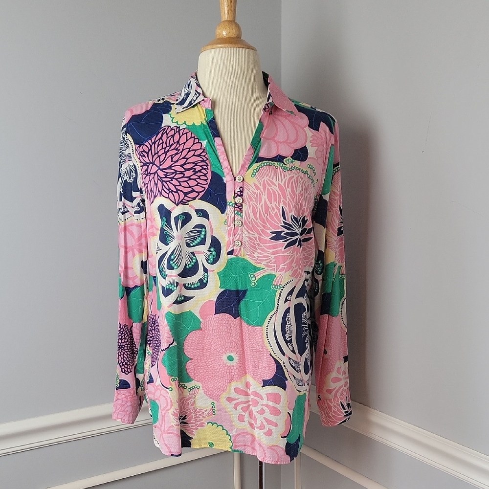TALBOTS Women's Floral Cotton V-Neck‎ Button Casual Preppy Summer Blouse Top LP